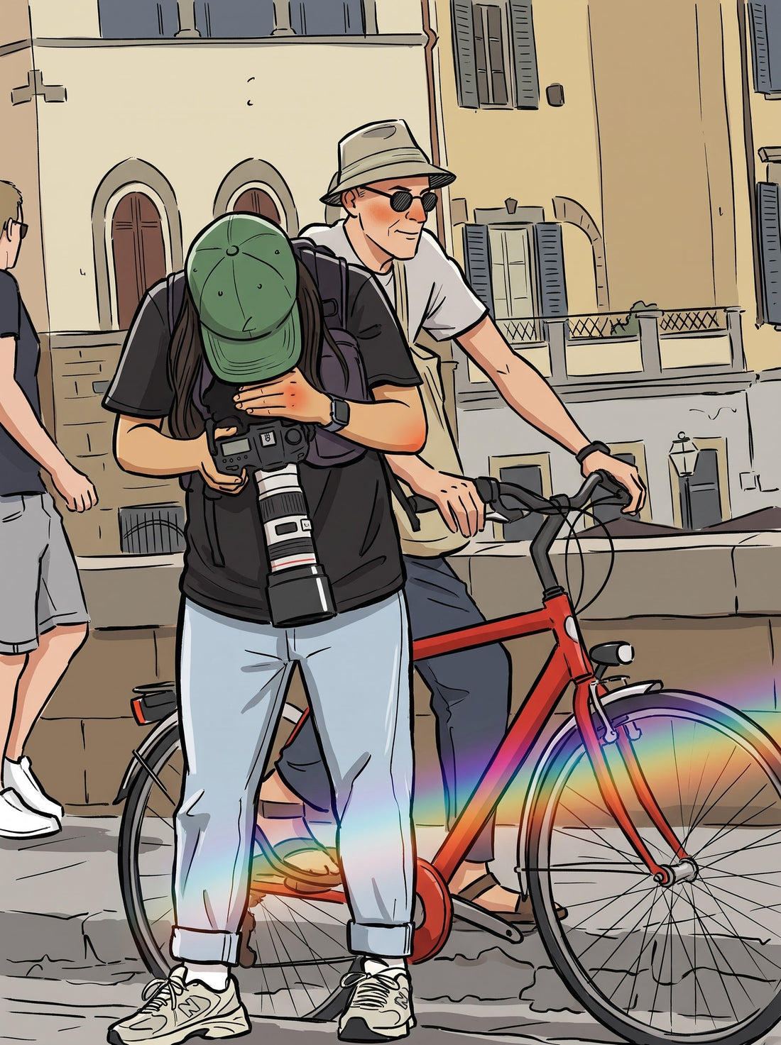 Cartoon art print made from a street photo, bold outlines and flat color