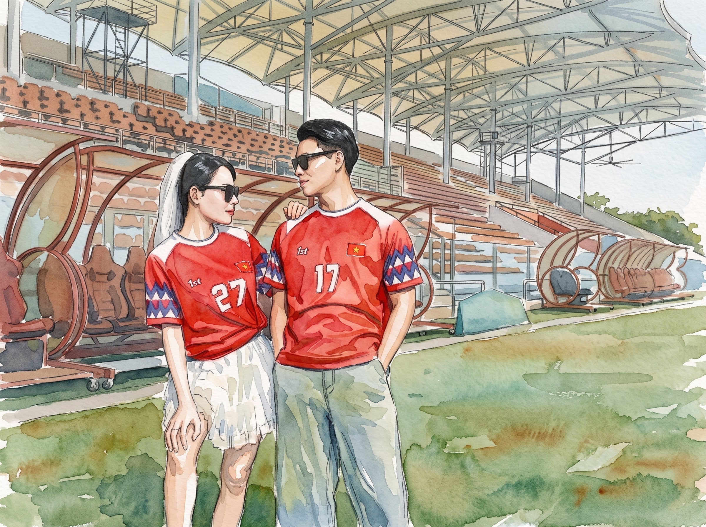 Watercolor couple red jersey