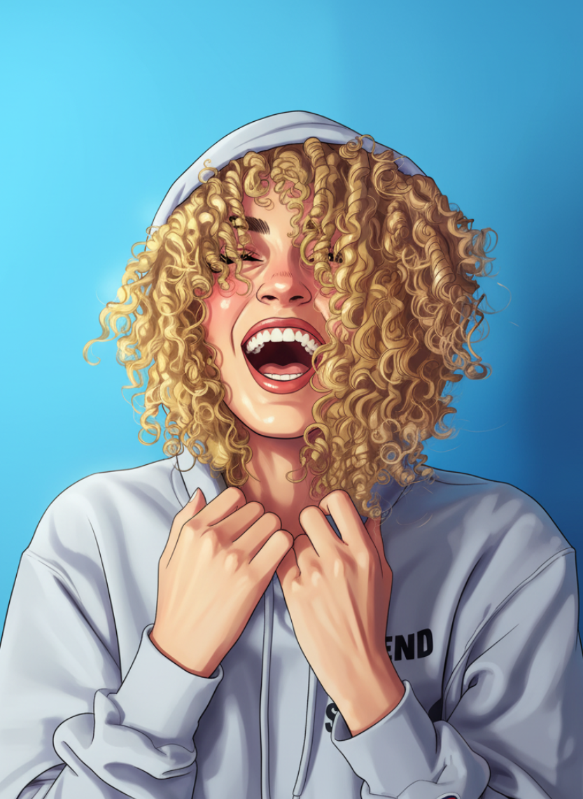 Anime person with curly blonde hair wearing a light gray hoodie on a blue background