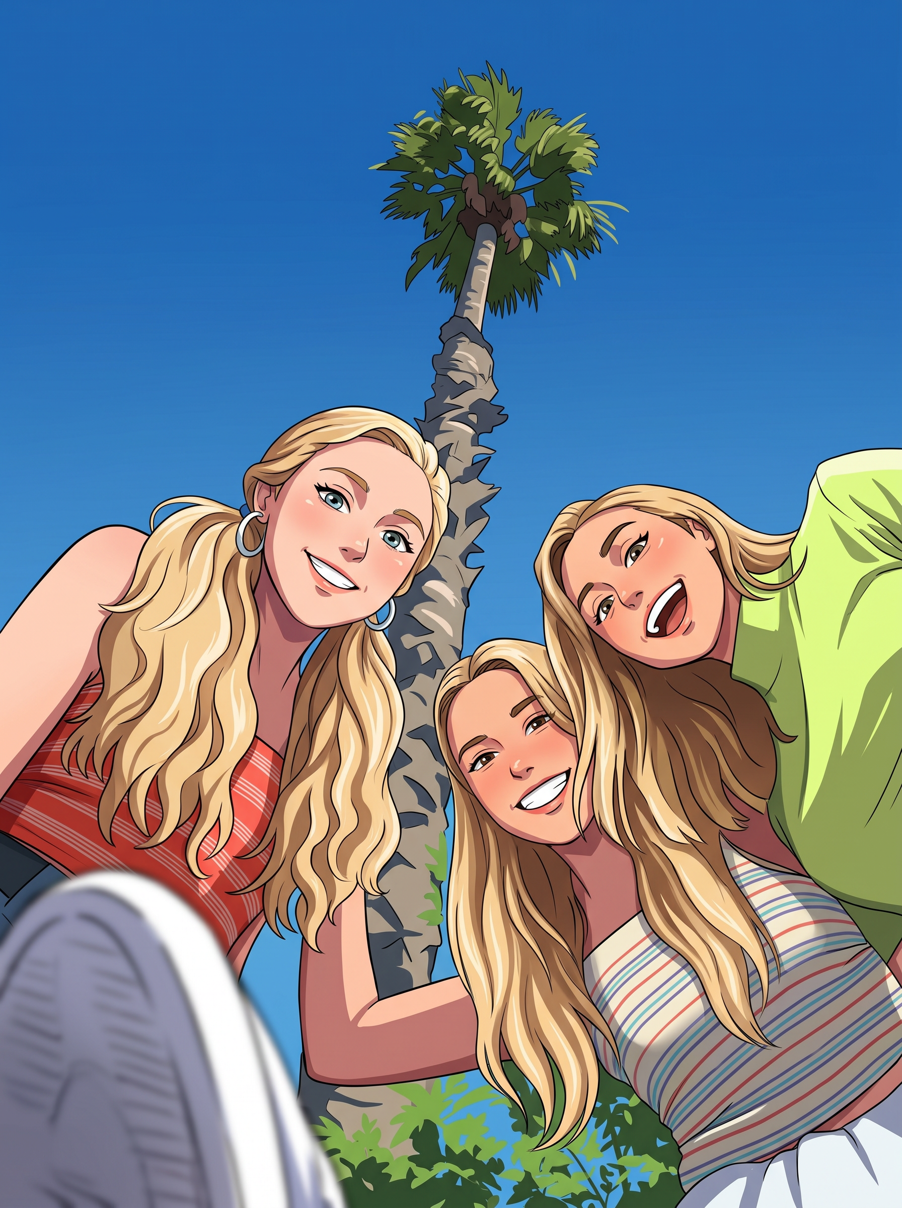 Custom anime art print of girls with a palm tree in the background