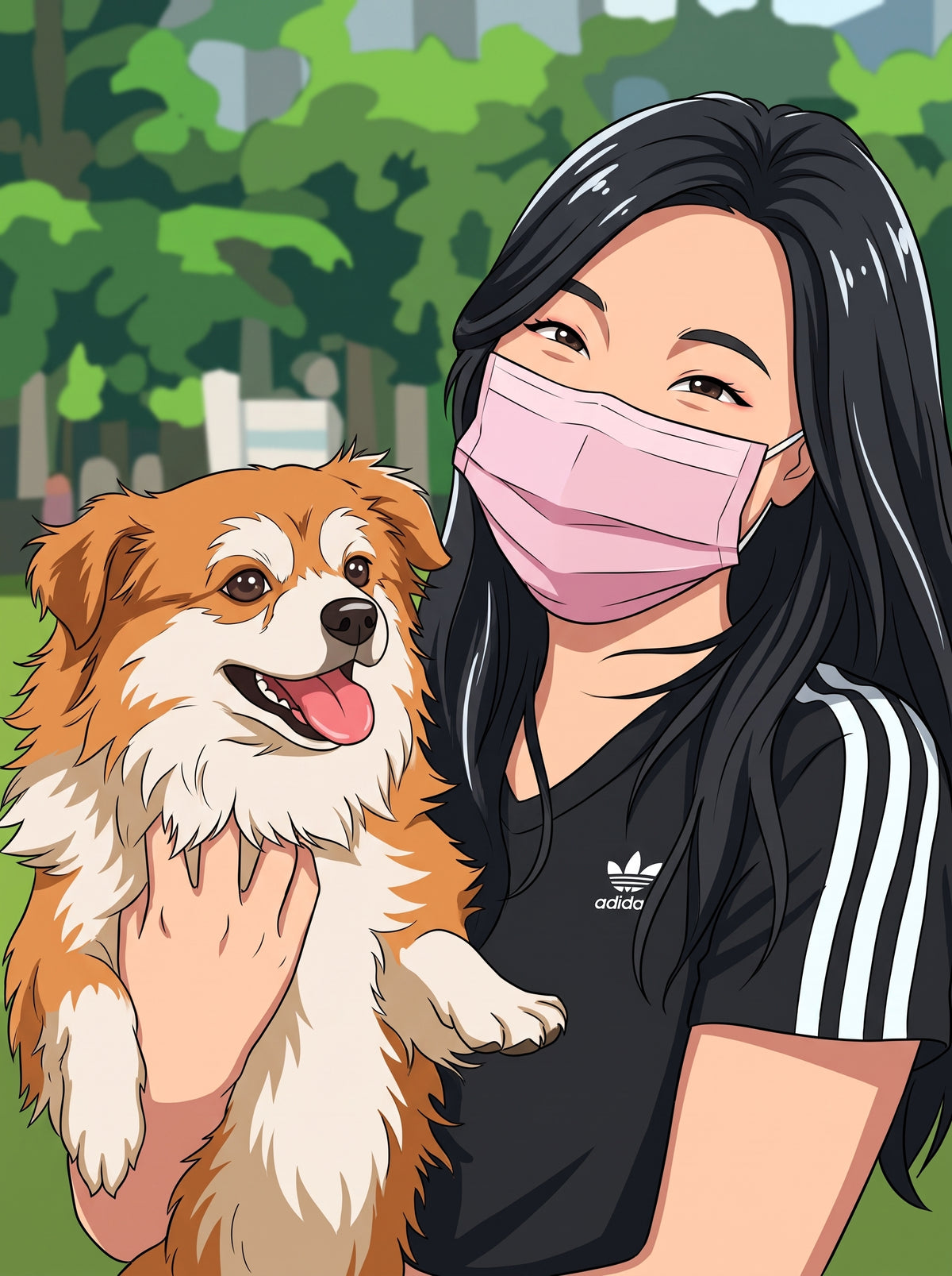 Anime pet portrait print of a person in a park holding a small tan and white dog