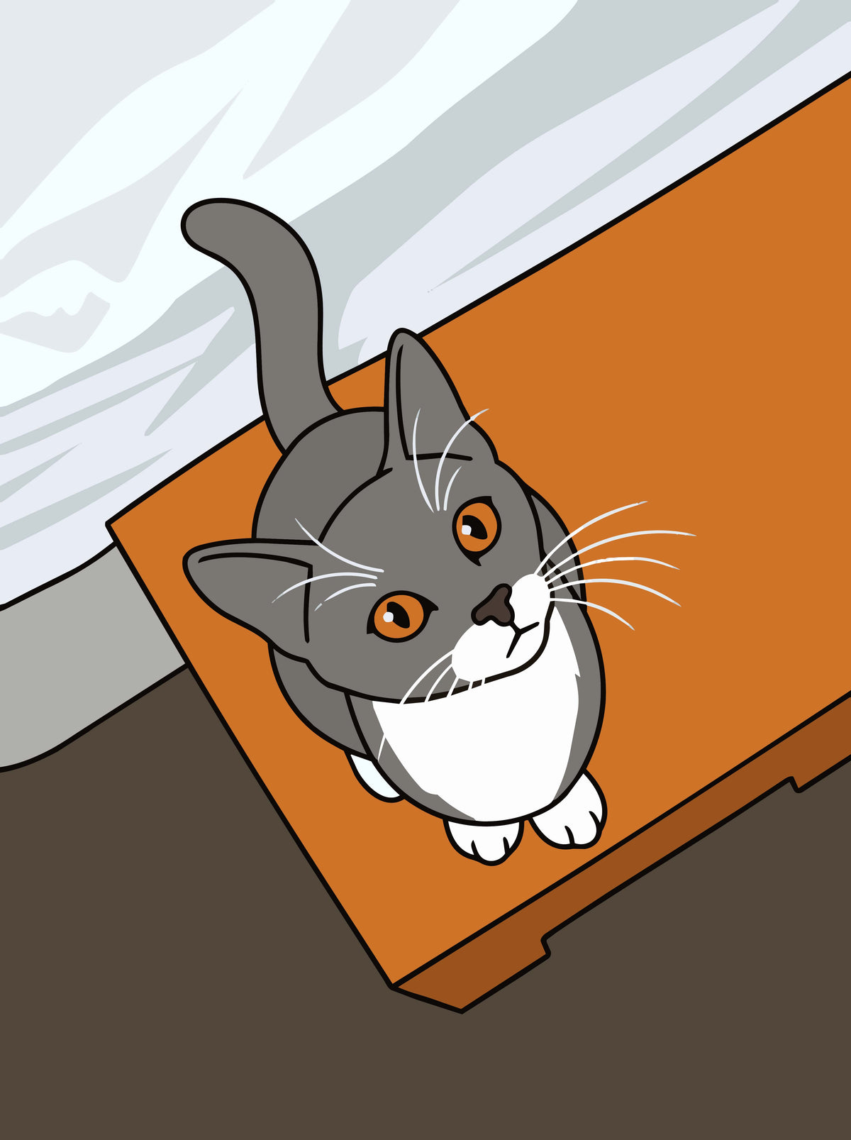 Flat illustration pet portrait print of a grey and white cat looking up from an orange rug