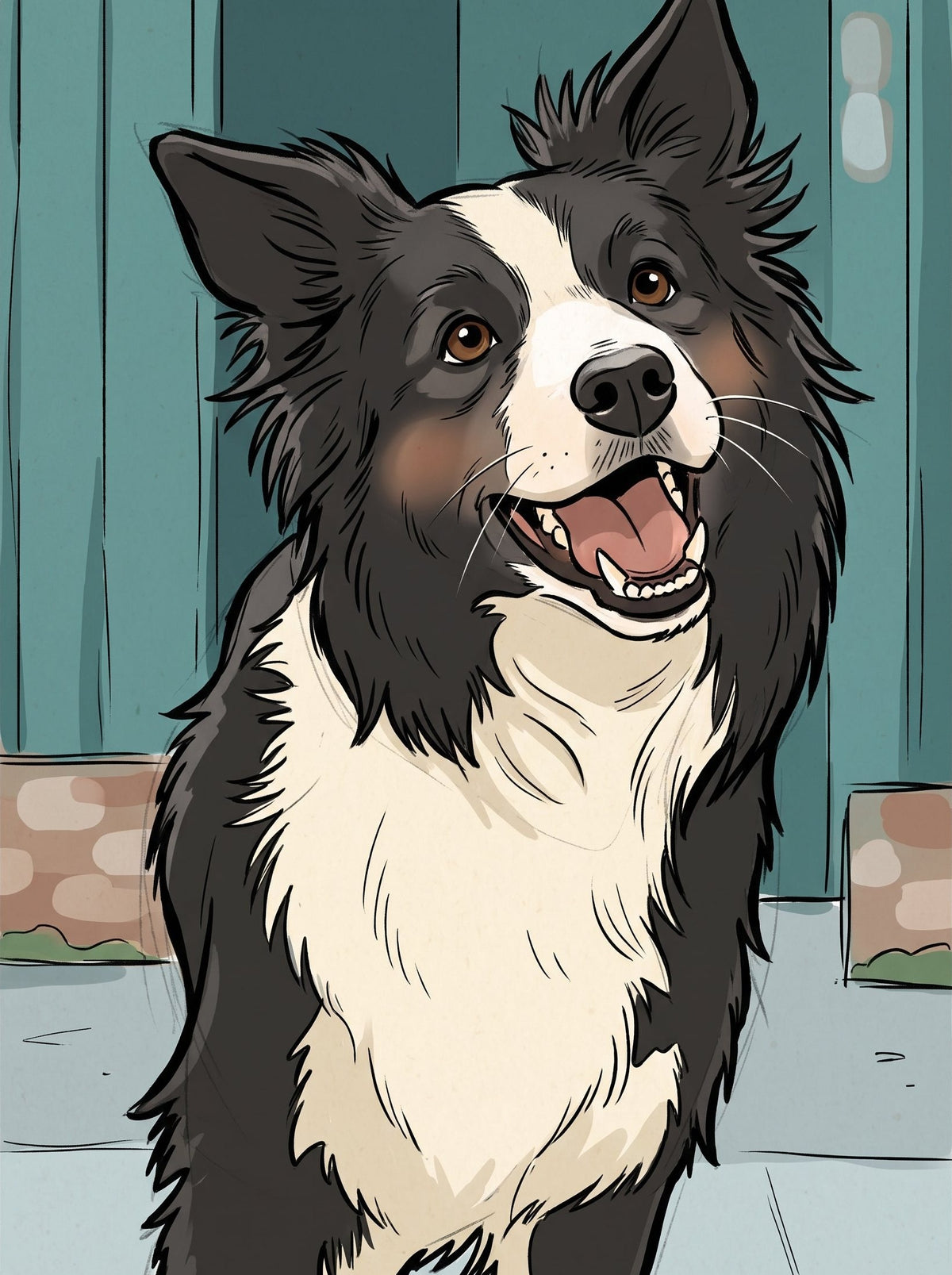 Cartoon pet portrait print of a black and white border collie sitting in front of a teal door