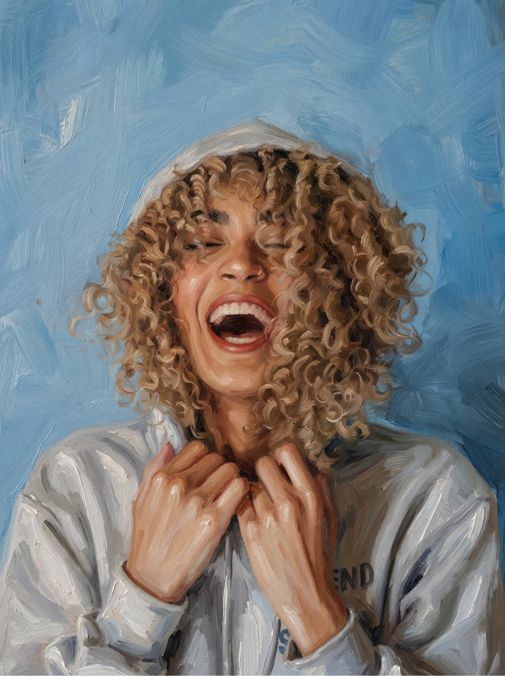 Oil Painting of a person with curly hair against a blue background