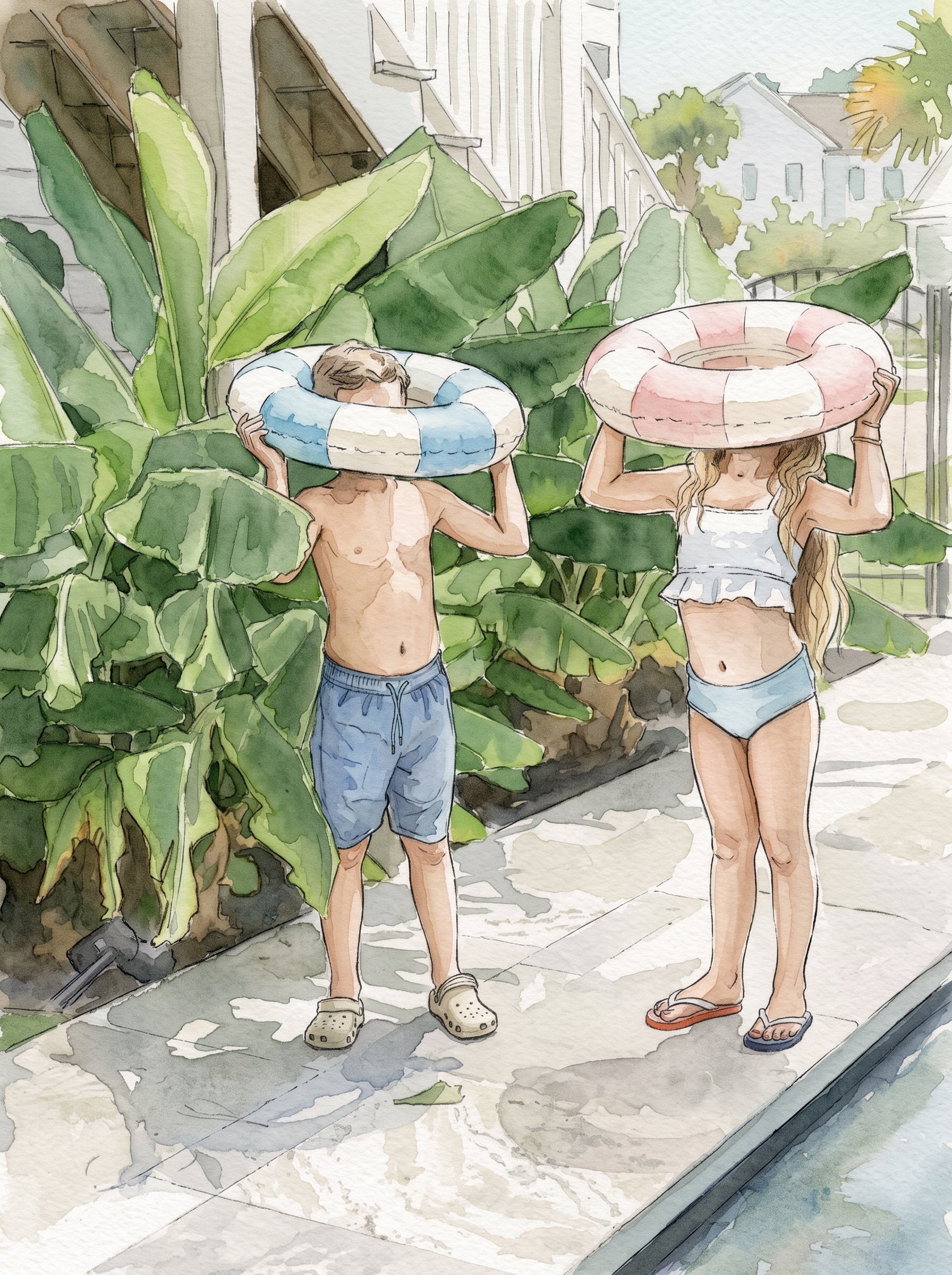 watercolor print summer kids pool